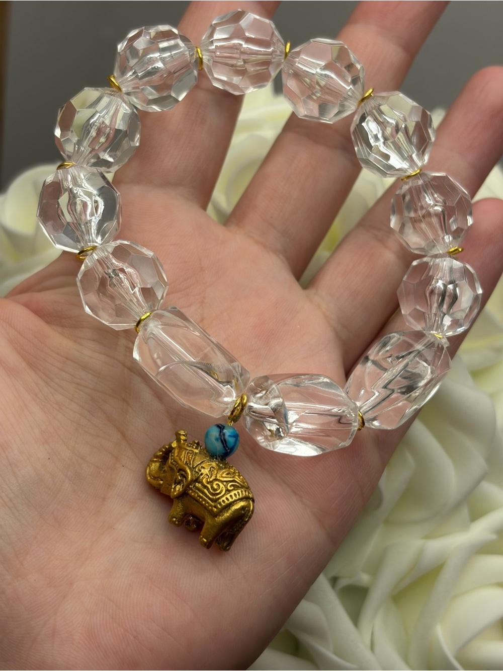 Clear Crystal Bead Stretch Bracelet with Gold Elephant Charm